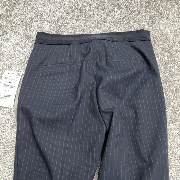 Zara Jogger Waist Dress Pants Women Medium Navy Blue Stripe Straight Trouser NWT - Picture 3 of 14